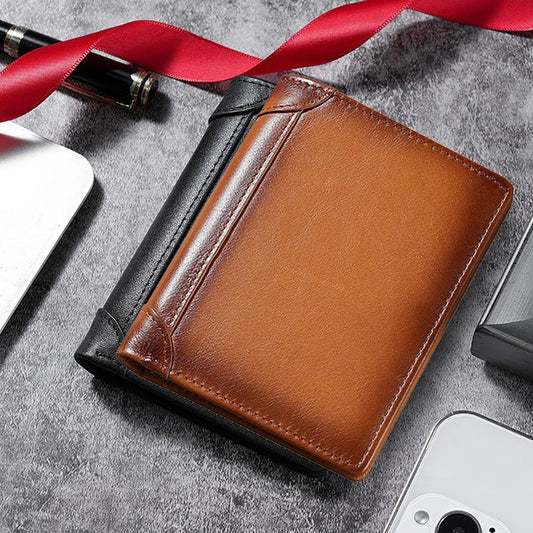 100% Genuine Leather Men's Wallet RFID Blocking Card Holder Bifold and Long Wallets (Brown Bifold Verticle) - The Cool Collective AU