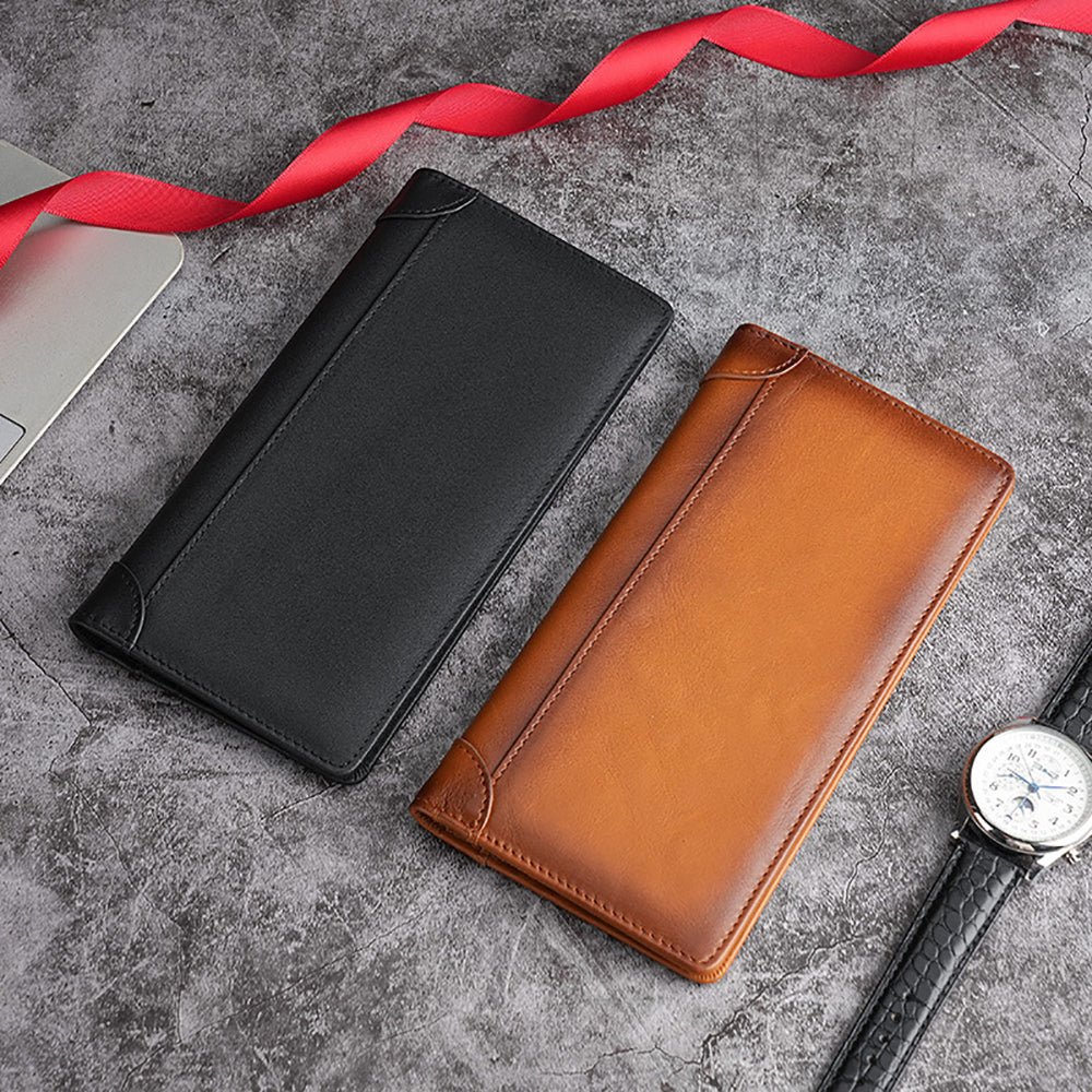 100% Genuine Leather Men's Wallet RFID Blocking Card Holder Bifold and Long Wallets (Brown Long Wallet) - The Cool Collective AU