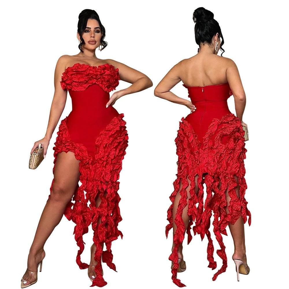 Sexy Strapless Solid Colour Tassel Dress - Irregular High Slit - The Cool Collective AU