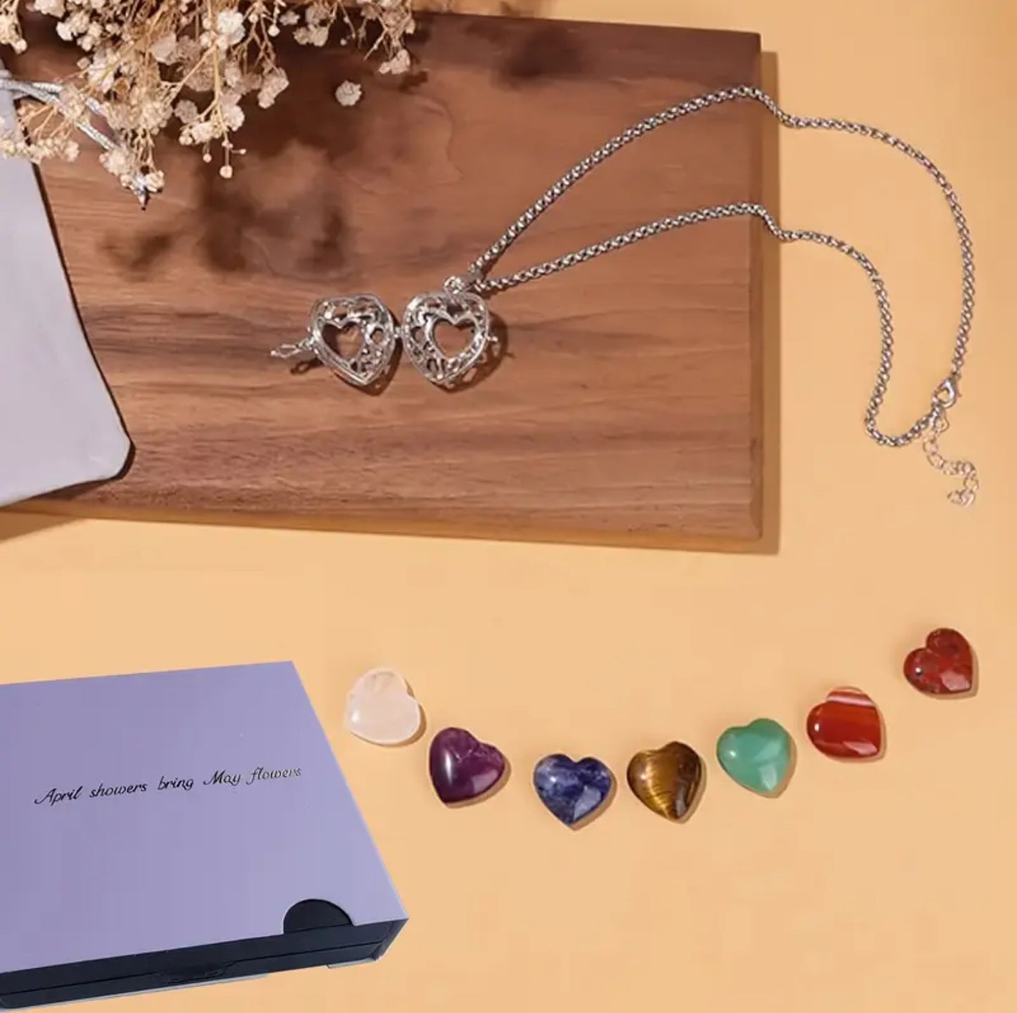 7pc Heart Crystal Pendant Set with Cage – Gemstone Gift for Her - The Cool Collective AU