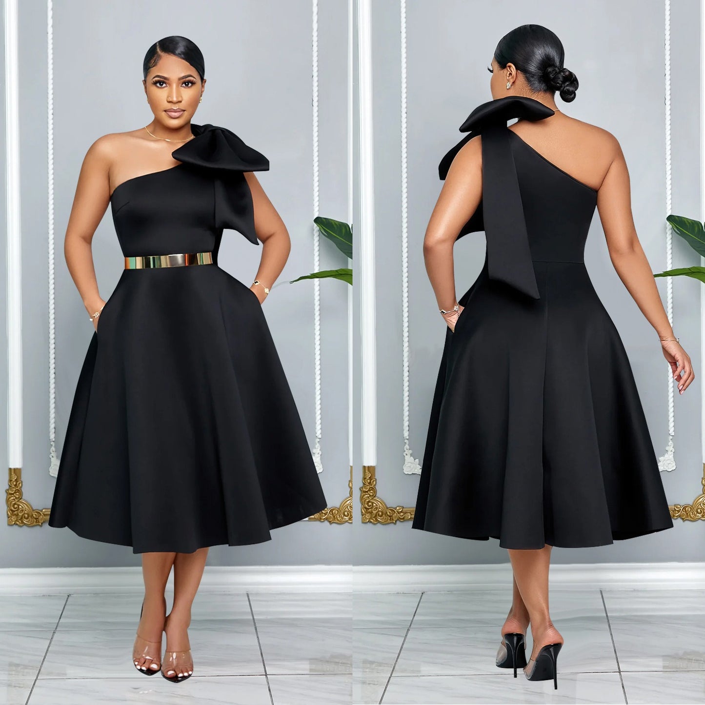 Women’s Sexy One-Shoulder Bow Splicing Slant Collar Dress - The Cool Collective AU