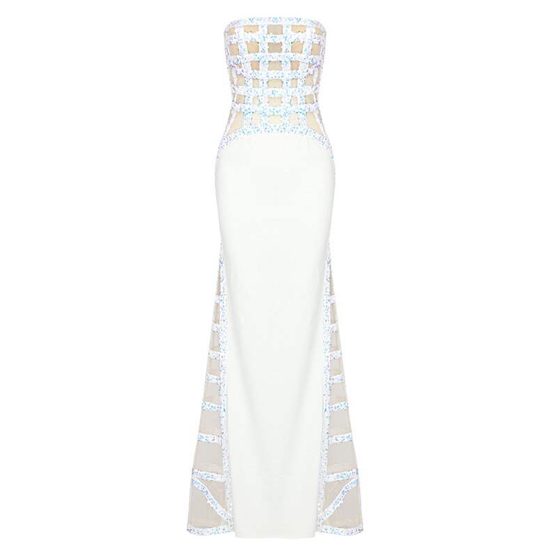 Off-Shoulder White Sequin Mesh Evening Dress – Slim Fit, Floor-Length - The Cool Collective AU
