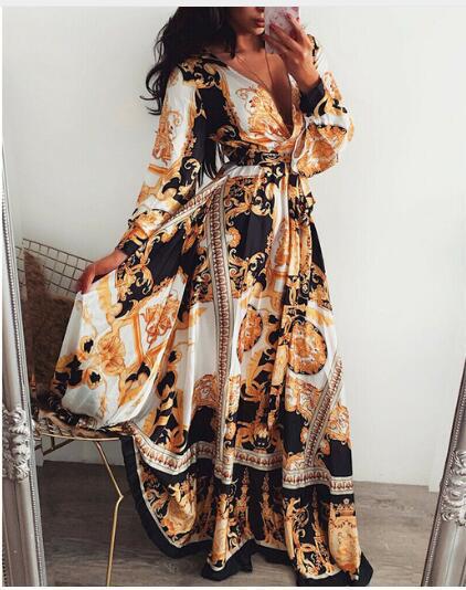 Retro V-Neck Long Sleeve Evening Dress with Skirt for Women - The Cool Collective AU