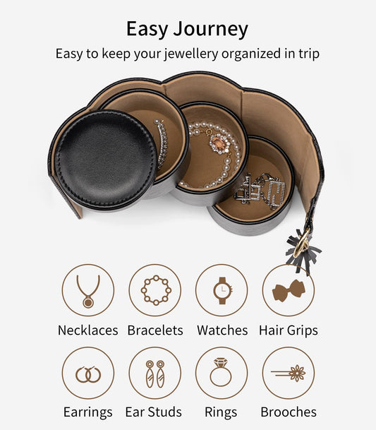 Black Travel Jewelry Case: 3-Layer PU Cylinder Organizer for Necklaces, Earrings, Gifts for Travelers & Jewelry Lovers