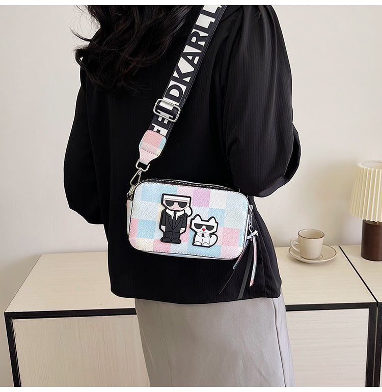 Pink plaid Unique Doodle Print PU Leather Bag - Lightweight Crossbody with Character - The Cool Collective AU