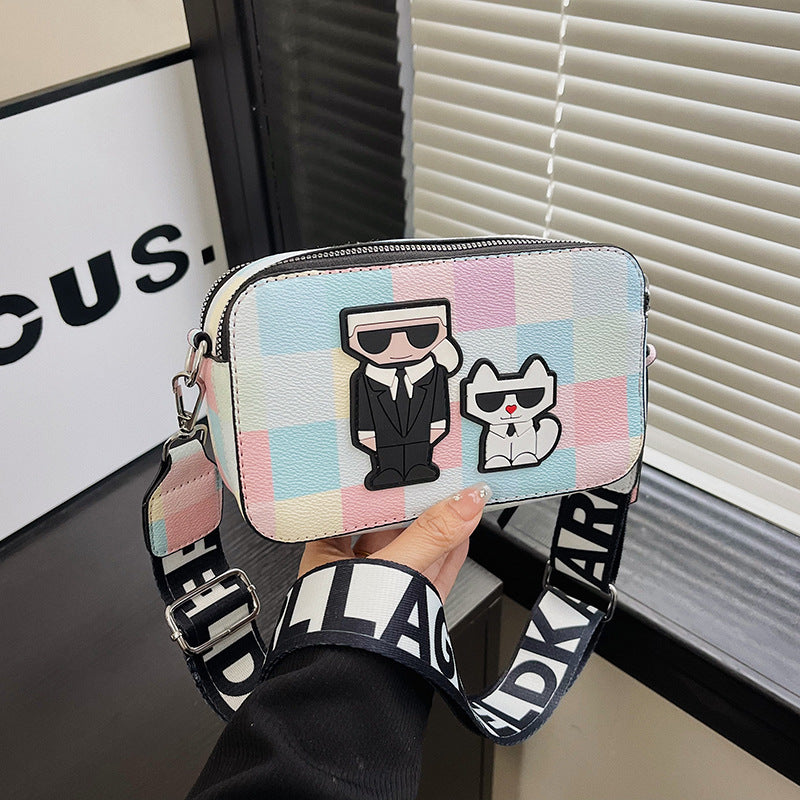 Pink plaid Unique Doodle Print PU Leather Bag - Lightweight Crossbody with Character - The Cool Collective AU