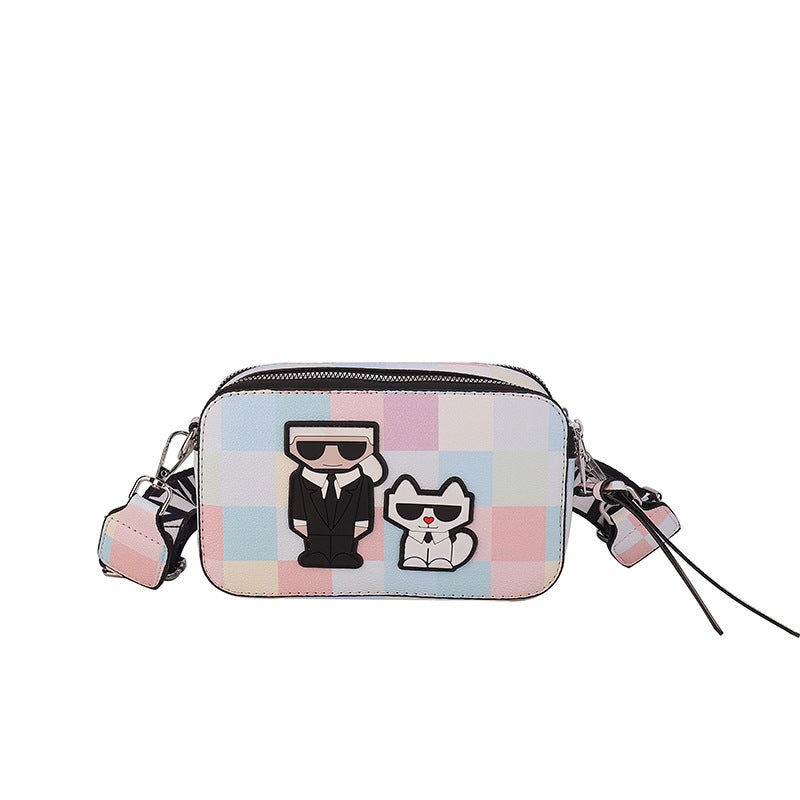 Pink plaid Unique Doodle Print PU Leather Bag - Lightweight Crossbody with Character - The Cool Collective AU