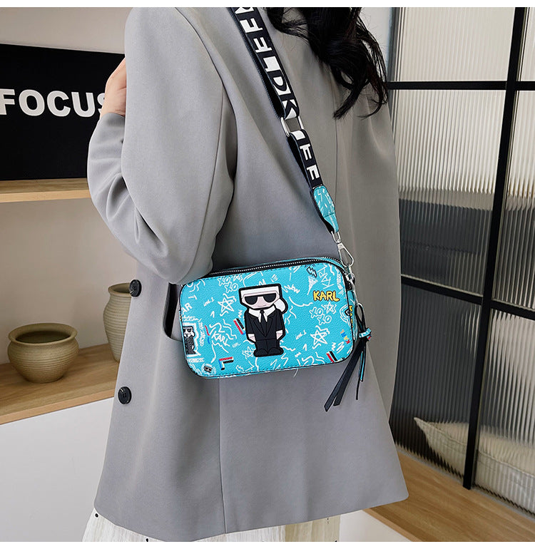 Blue Unique Doodle Print PU Leather Bag - Lightweight Crossbody with Character - The Cool Collective AU
