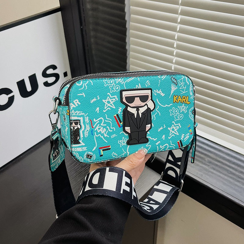 Blue Unique Doodle Print PU Leather Bag - Lightweight Crossbody with Character - The Cool Collective AU