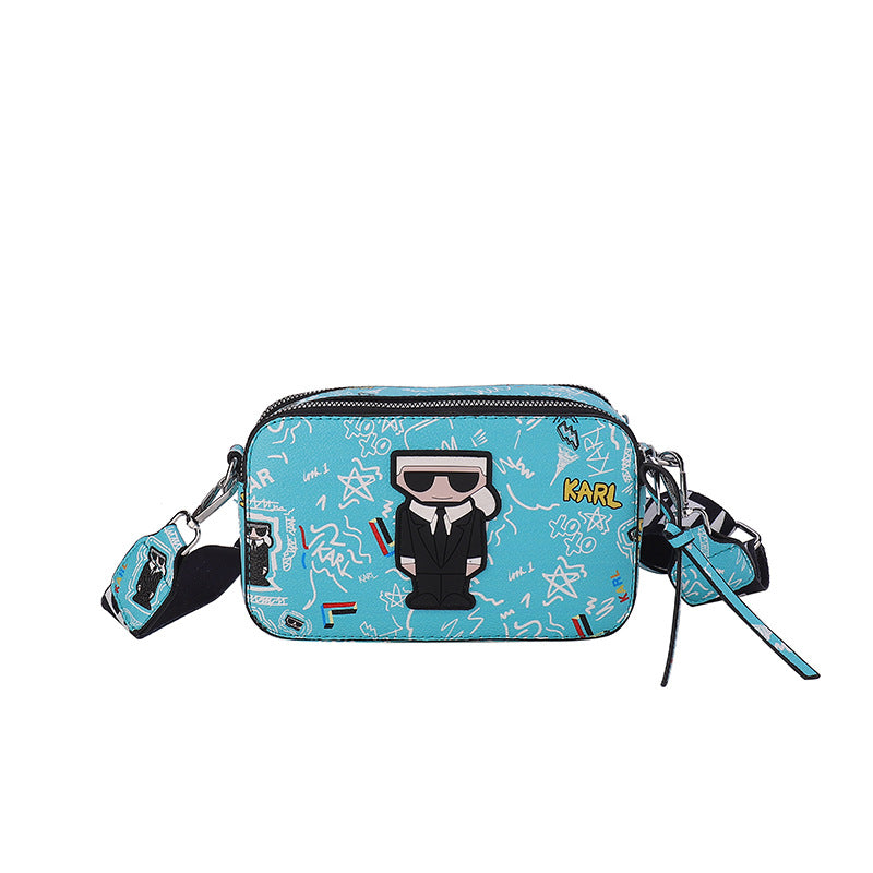 Blue Unique Doodle Print PU Leather Bag - Lightweight Crossbody with Character - The Cool Collective AU