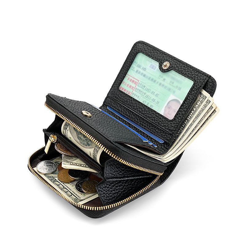 Blue Compact RFID Genuine Leather Wallet for Women - Secure Zipper Card Holder & Coin Purse