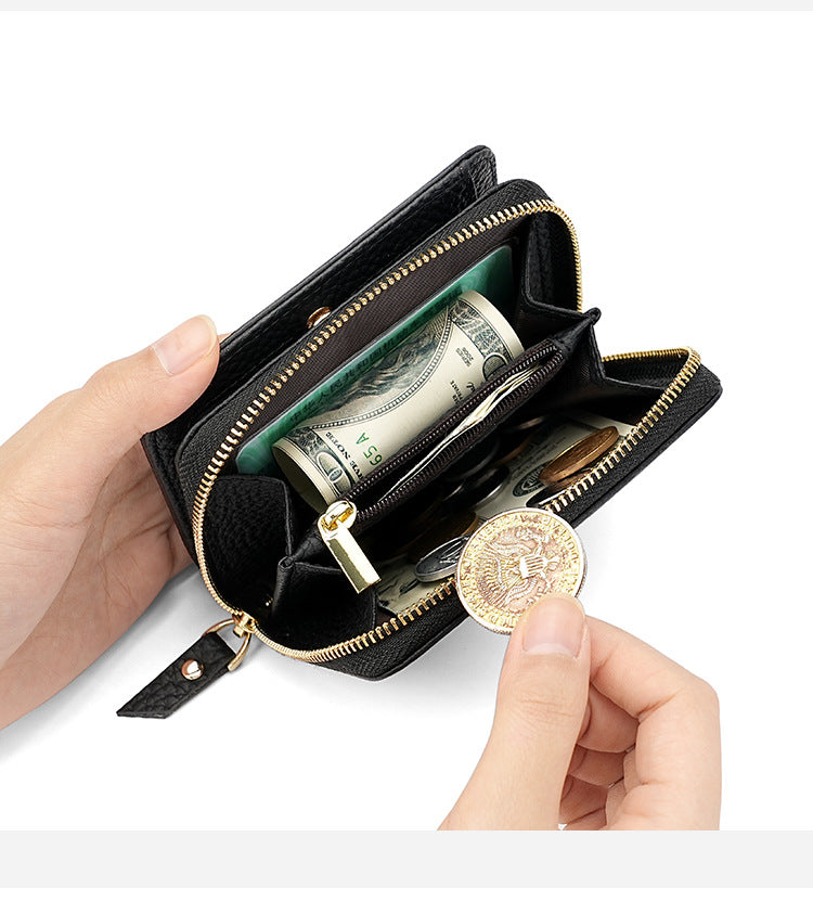 Blue Compact RFID Genuine Leather Wallet for Women - Secure Zipper Card Holder & Coin Purse