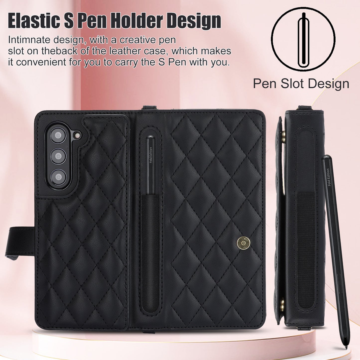 Rose Gold Galaxy Z Fold4 Multi-Functional Leather Wallet Case for Samsung Z Fold Series - Crossbody with Pen Slot, Quilted Design Pen Not Included - The Cool Collective AU