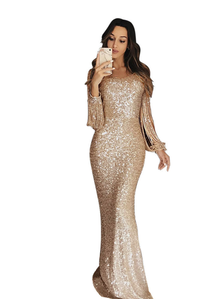 Women's Long Dress Evening Dress Long Sleeve Fringe Dinner Dress - The Cool Collective AU