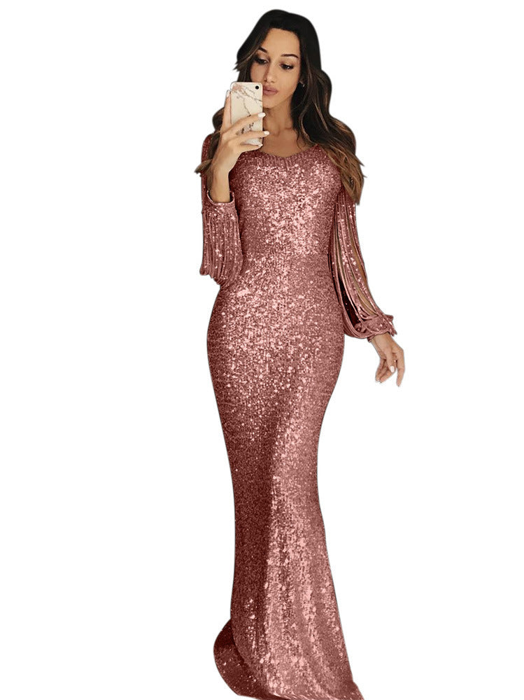 Women's Long Dress Evening Dress Long Sleeve Fringe Dinner Dress - The Cool Collective AU