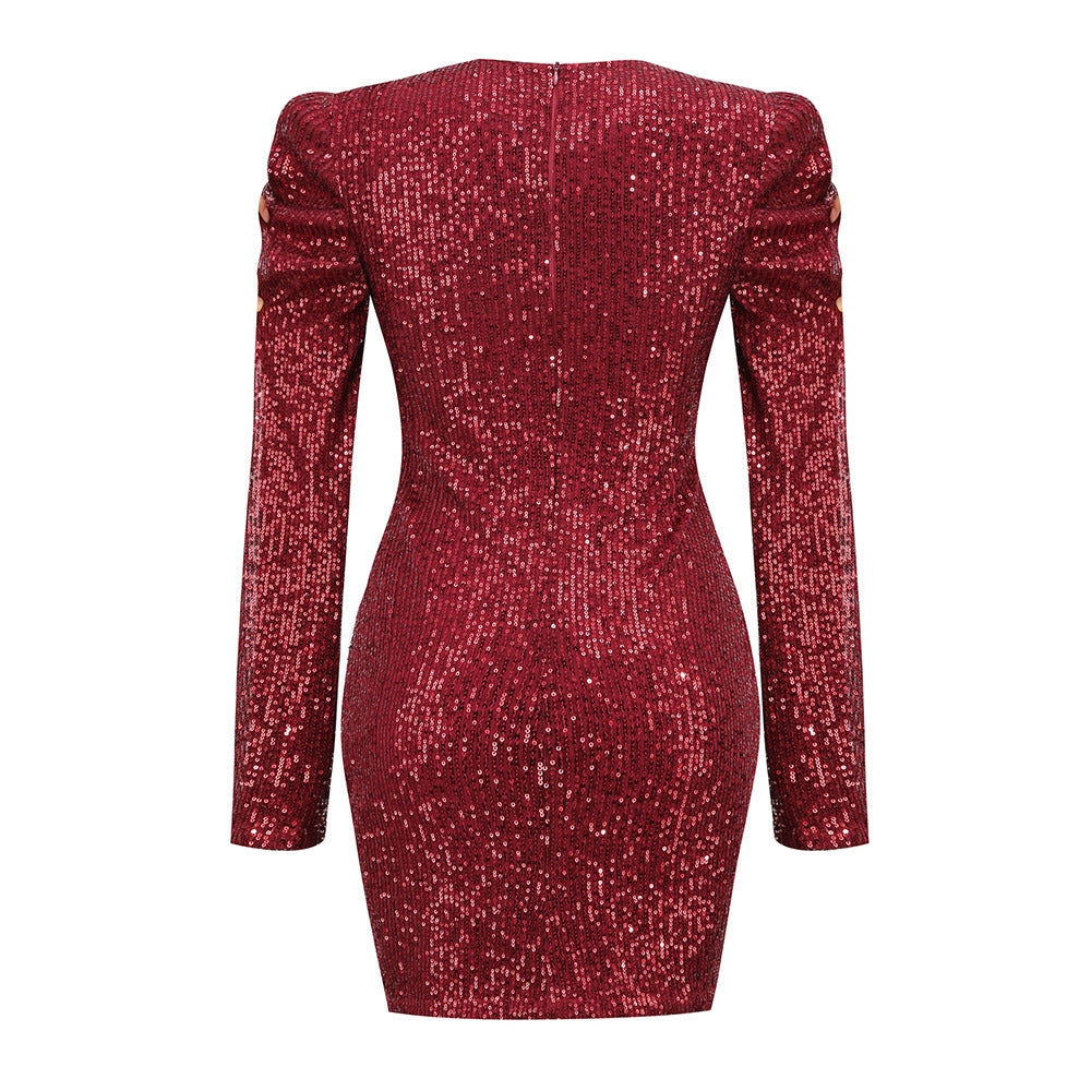 Women's Long Sleeve Hollow Sequin Evening Dress with Mock Slit Skirt - The Cool Collective AU