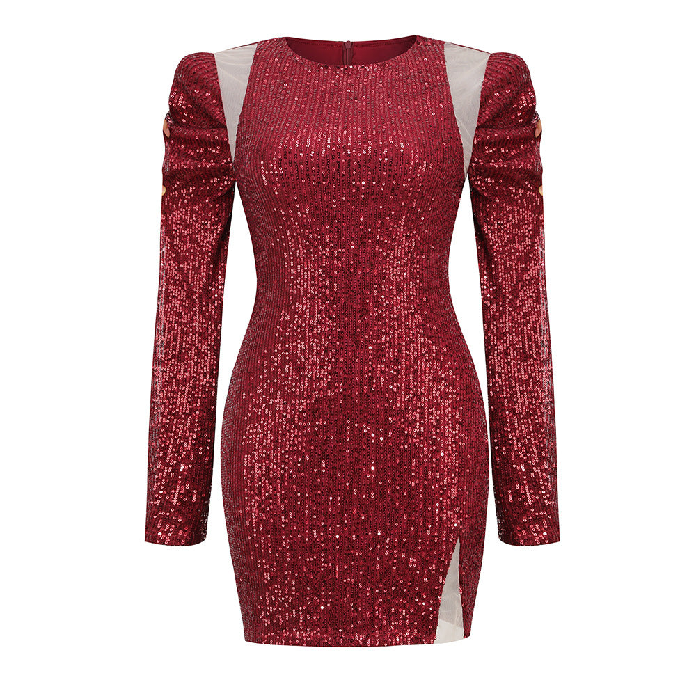 Women's Long Sleeve Hollow Sequin Evening Dress with Mock Slit Skirt - The Cool Collective AU
