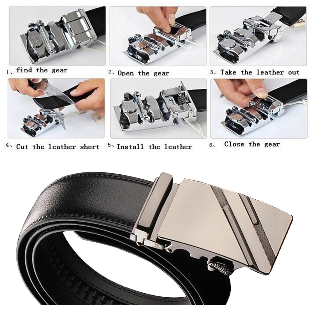 Adjustable Slide Luxury Leather Belt For Men's Automatic Buckle Ratchet Business Dress Belts (FB850101) - The Cool Collective AU