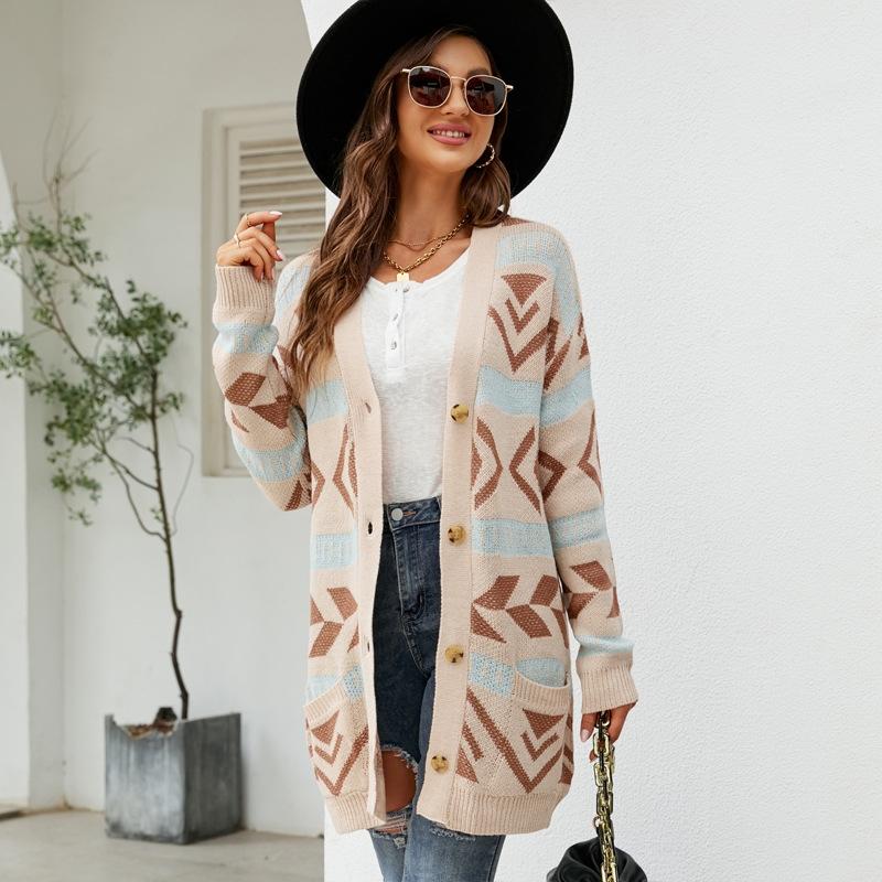 Autumn And Winter Female Diamond Loose Knitted Cardigan Jacquard Medium - Length Sweater Jacket - Brown - L - The Cool Collective AU