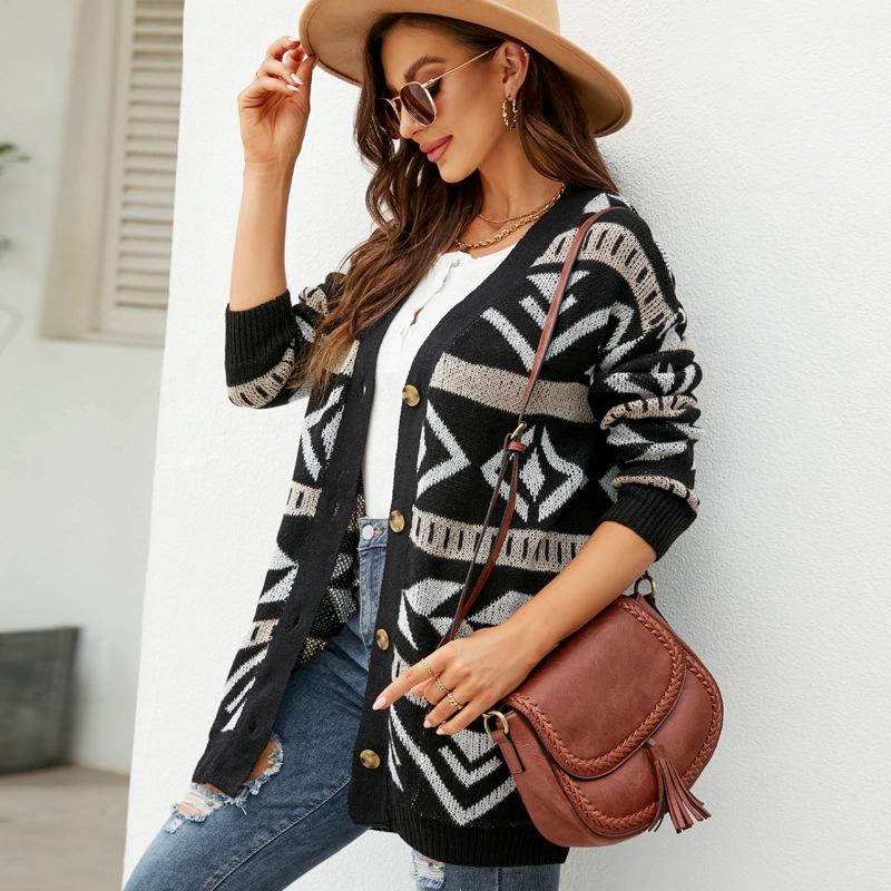 Autumn And Winter Female Diamond Loose Knitted Cardigan Jacquard Medium - Length Sweater Jacket - Brown - M - The Cool Collective AU