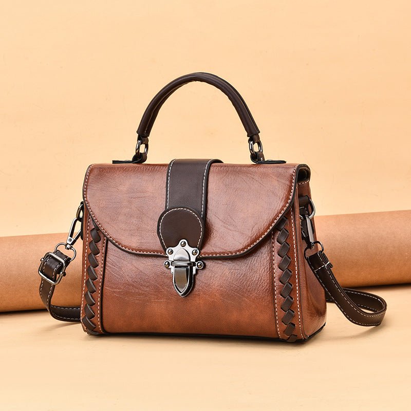 Brown Elegant Women's PU Leather Top Handle Satchel - Versatile Crossbody Bag with Classic Clasp & Braided Detail - The Cool Collective AU