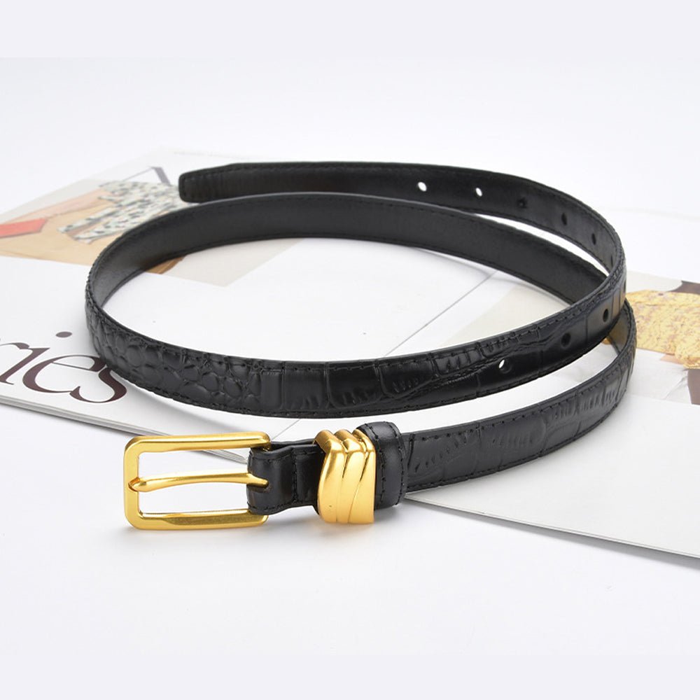 Genuine leather with Crocodile pattern pin buckle thin belt jeans belt for women (Black) - The Cool Collective AU