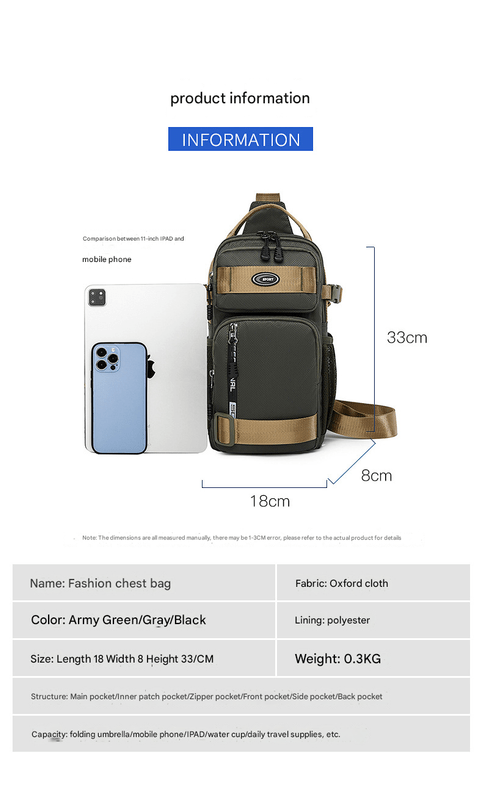 Grey Stylish Multi - Functional Men's Chest Bag - Lightweight Crossbody Sling Pack - The Cool Collective AU