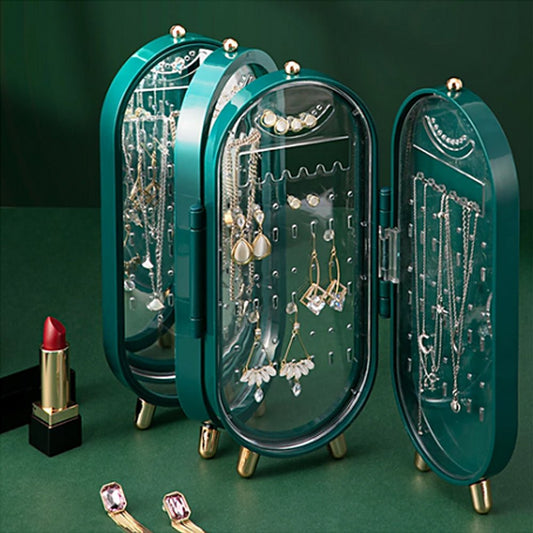 Jewellery Storage Box Earrings Display Necklace Organizer 4 Doors Foldable Screen (Green) - The Cool Collective AU