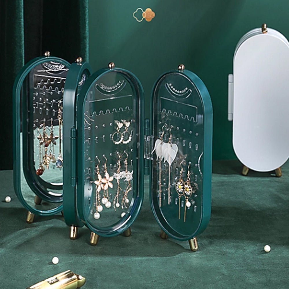 Jewellery Storage Box Earrings Display Necklace Organizer 4 Doors Foldable Screen (Green) - The Cool Collective AU