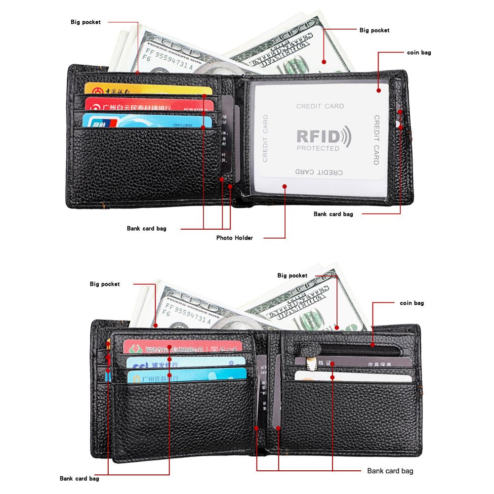 Men's Genuine Leather Bilfold Wallet RFID Blocking Card Holder Zipper Coin Purse - The Cool Collective AU