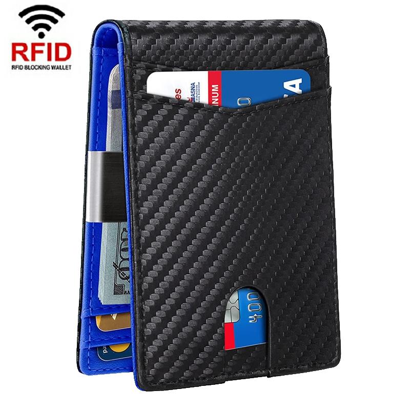 Rfid - protected Leather Credit Card Wallet - Secure & Stylish - Carbon Fiber Black Blue Inner - The Cool Collective AU