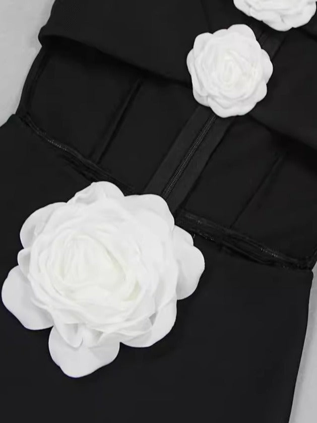 Elegant Women's Black Formal Bandage Dress with Sophisticated White Floral Embellishments - The Cool Collective AU