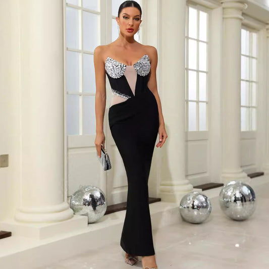 Sexy V-Neck Diamond Mesh Backless Bandage Dress for Evening - The Cool Collective AU