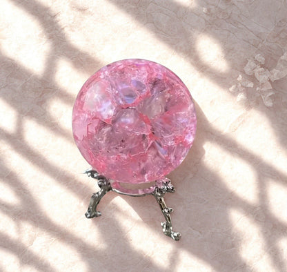 1pc Pink Crackle Design Glass Crystal Ball with Metal Stand – Elegant Décor & Spiritual Tool - The Cool Collective AU