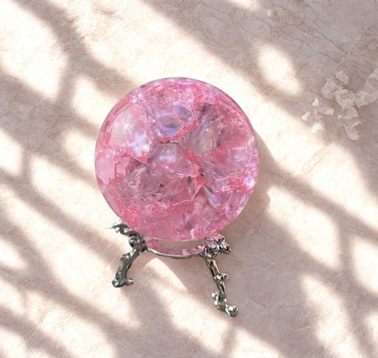 1pc Pink Crackle Design Glass Crystal Ball with Metal Stand – Elegant Décor & Spiritual Tool - The Cool Collective AU