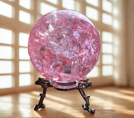 1pc Pink Crackle Design Glass Crystal Ball with Metal Stand – Elegant Décor & Spiritual Tool - The Cool Collective AU