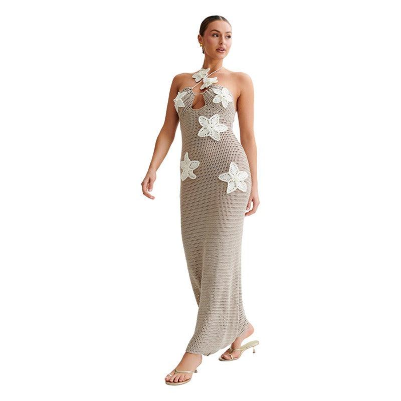 Elegant Hollow-Out Knitted High Waist Slim Fit Halter Dress - The Cool Collective AU