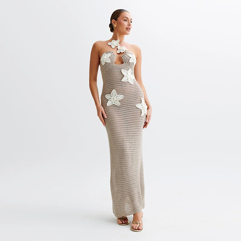 Elegant Hollow-Out Knitted High Waist Slim Fit Halter Dress - The Cool Collective AU