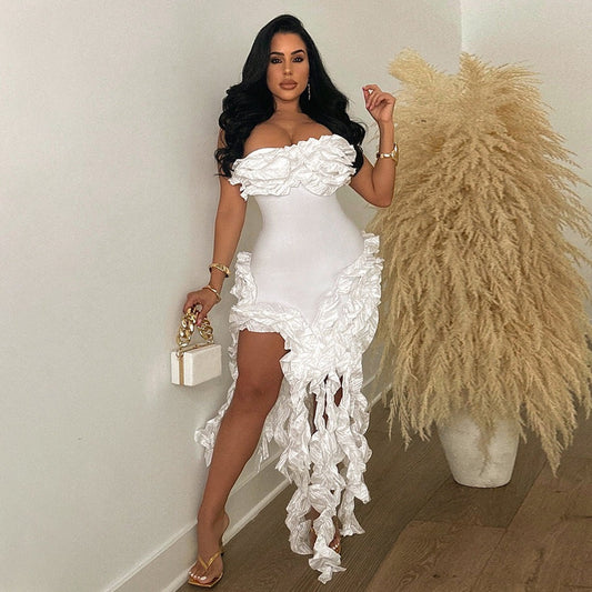 Sexy Strapless Solid Colour Tassel Dress - Irregular High Slit - The Cool Collective AU