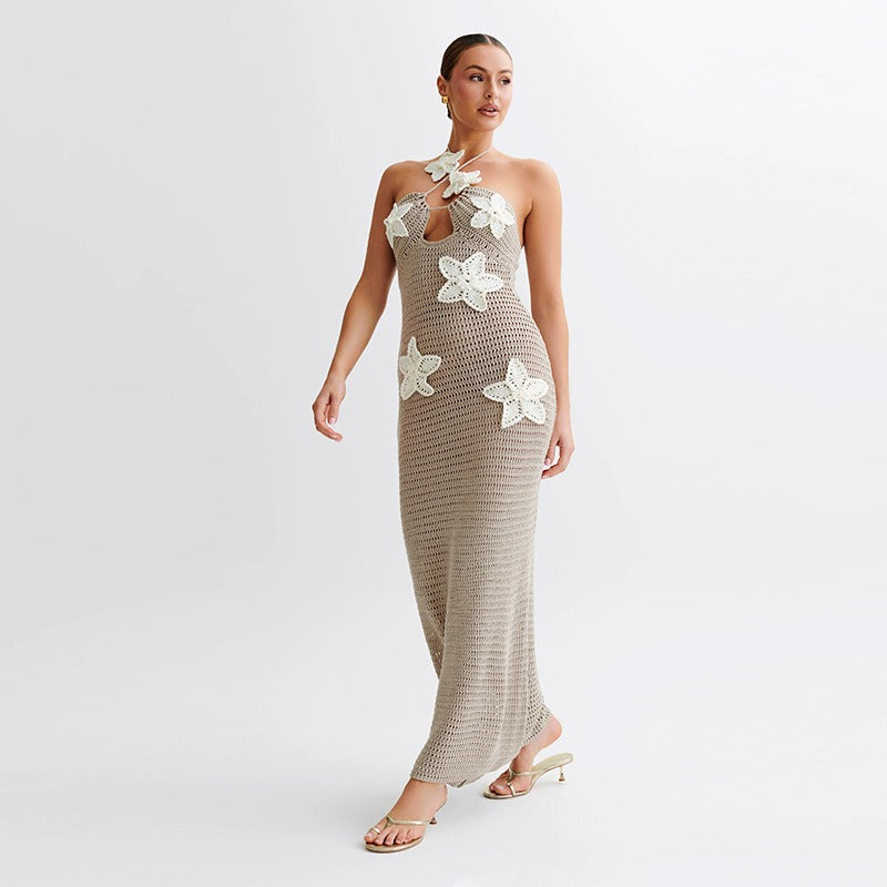 Elegant Hollow-Out Knitted High Waist Slim Fit Halter Dress - The Cool Collective AU