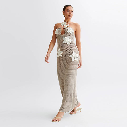 Elegant Hollow-Out Knitted High Waist Slim Fit Halter Dress - The Cool Collective AU