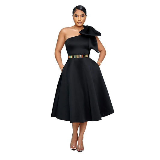 Women’s Sexy One-Shoulder Bow Splicing Slant Collar Dress - The Cool Collective AU