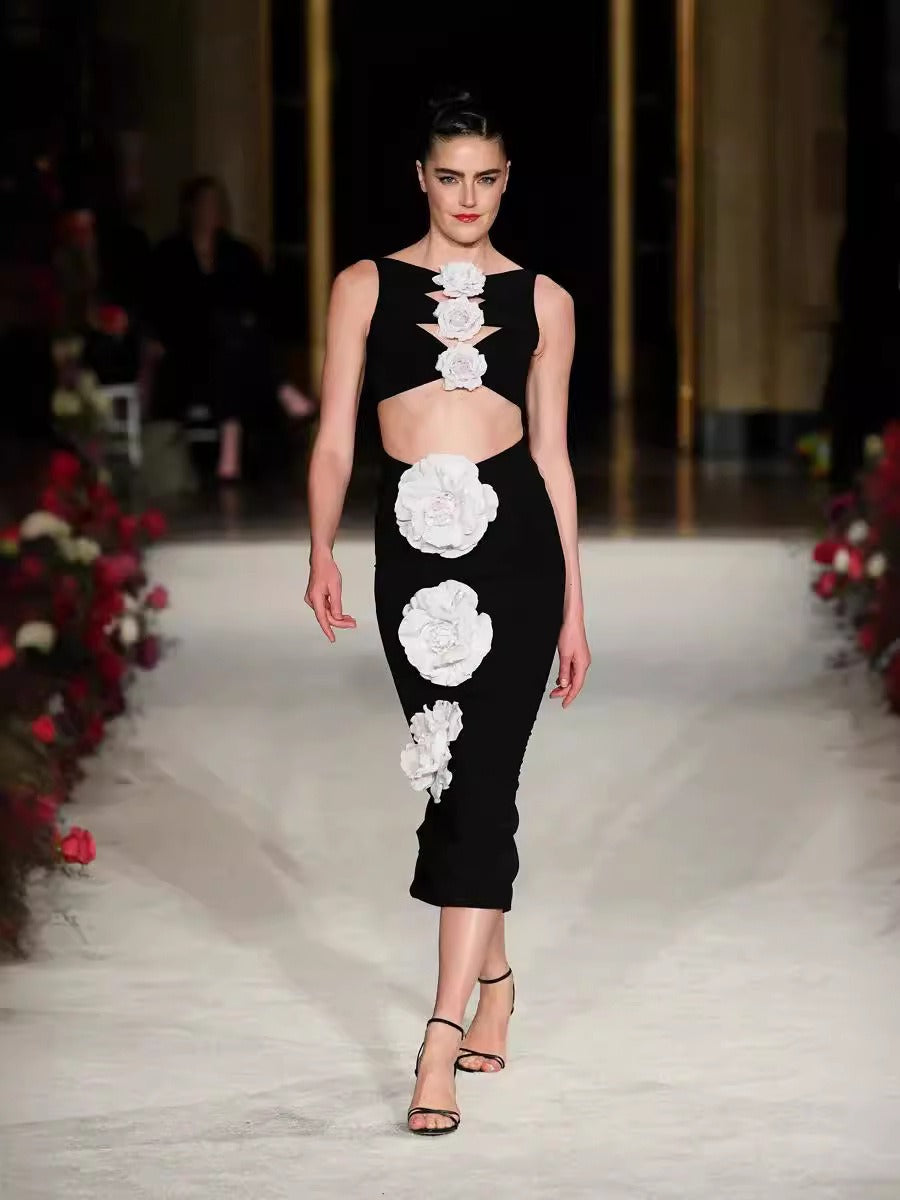 Elegant Women's Black Formal Bandage Dress with Sophisticated White Floral Embellishments - The Cool Collective AU