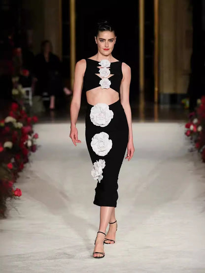 Elegant Women's Black Formal Bandage Dress with Sophisticated White Floral Embellishments - The Cool Collective AU