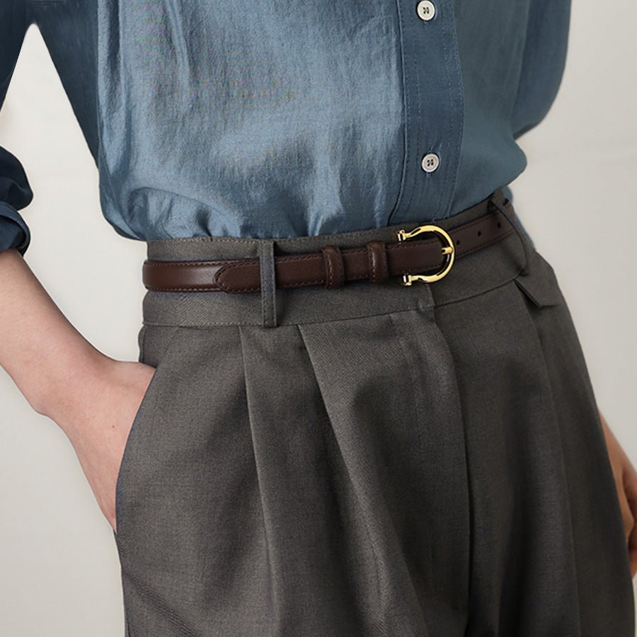 95CM Coffee Elegant French Gold Buckle Genuine Leather Belt - Luxurious Lightweight Women's Waist Belt - The Cool Collective AU