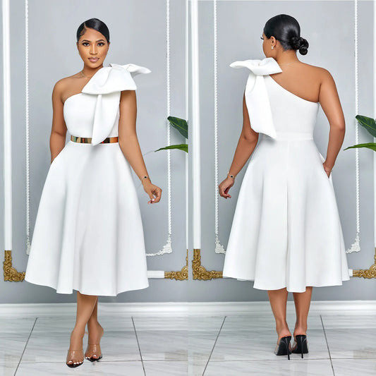 Women’s Sexy One-Shoulder Bow Splicing Slant Collar Dress - The Cool Collective AU