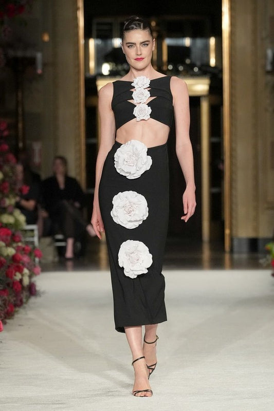 Elegant Women's Black Formal Bandage Dress with Sophisticated White Floral Embellishments - The Cool Collective AU