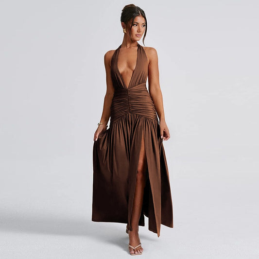 Women’s Sexy V-Neck Backless Pleated Slit Long Dress - The Cool Collective AU