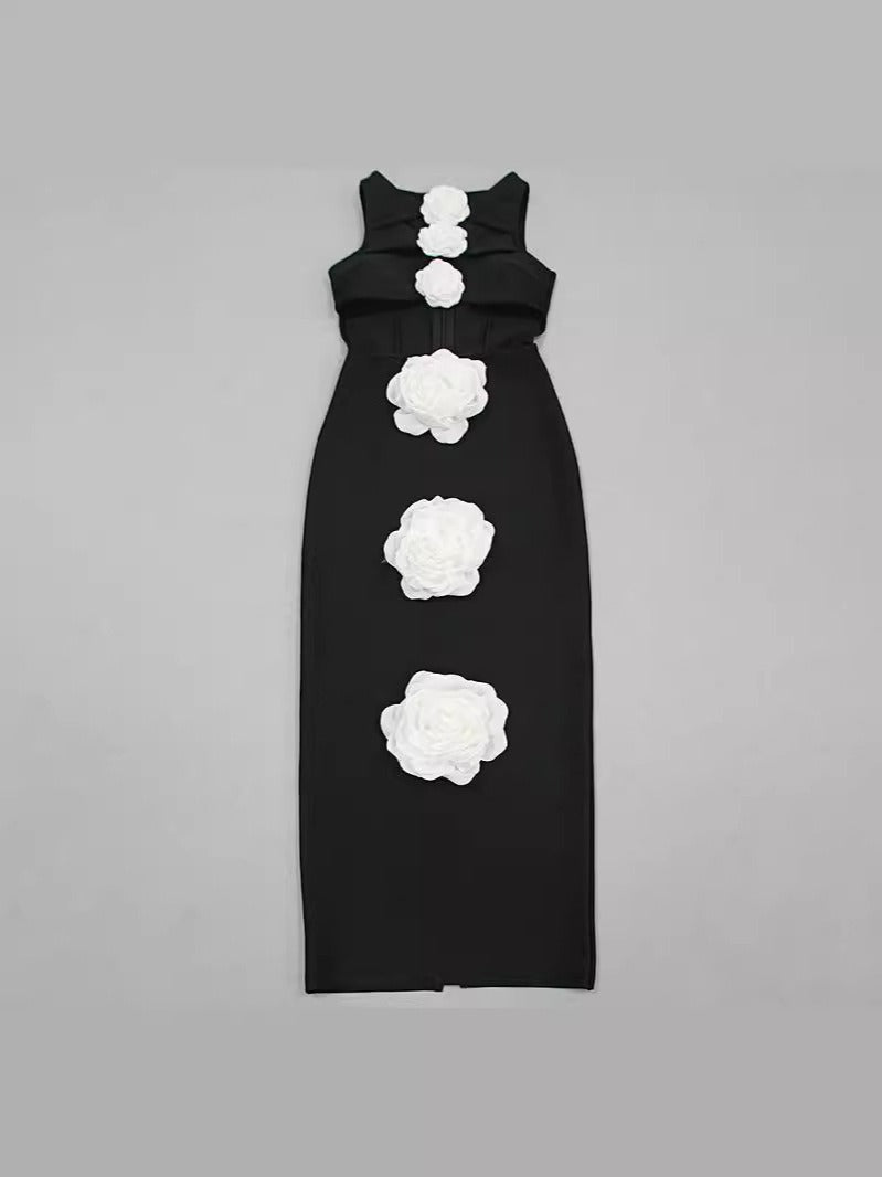 Elegant Women's Black Formal Bandage Dress with Sophisticated White Floral Embellishments - The Cool Collective AU