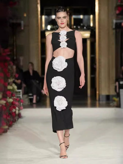 Elegant Women's Black Formal Bandage Dress with Sophisticated White Floral Embellishments - The Cool Collective AU